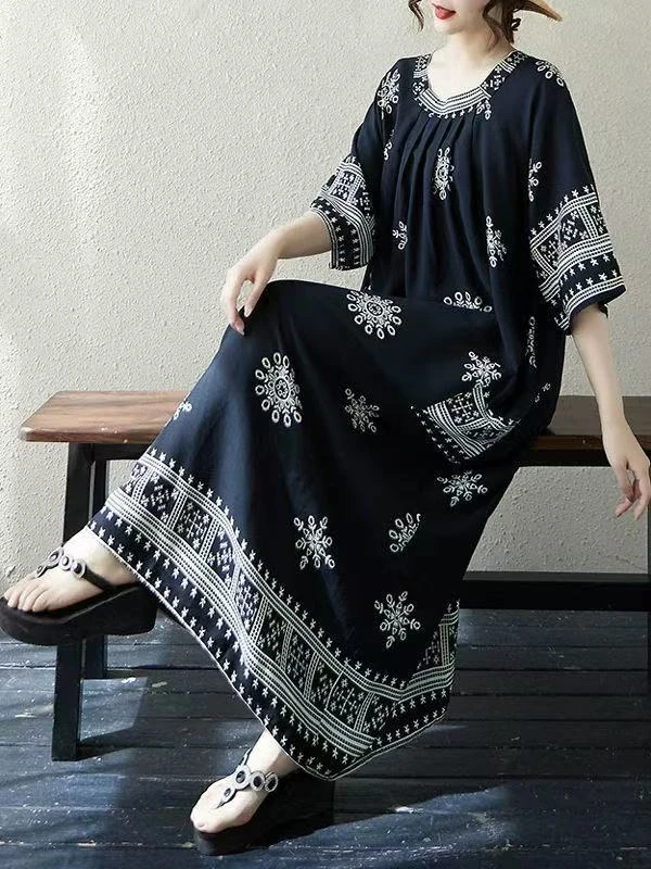 印花高弹力宽松连衣裙女款裙子长裙褶皱五分袖吊带复古夏季长款MM