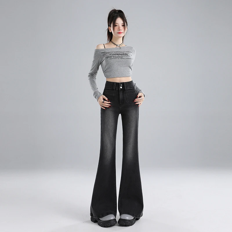 秋冬加绒黑灰高腰微喇牛仔裤女加厚弹力修身显瘦小个子百搭喇叭裤