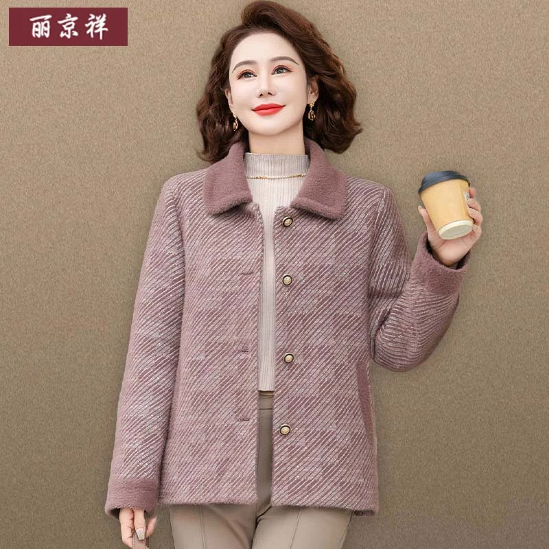 中年妈妈秋冬毛呢外套加绒加厚中老年人女冬装水貂绒大衣短款