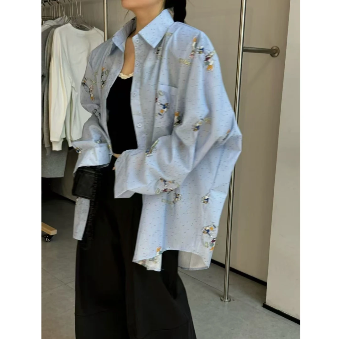 【春款-现货】2025東room春季新款定制款卡通唐老鸭垫肩点点衬衣
