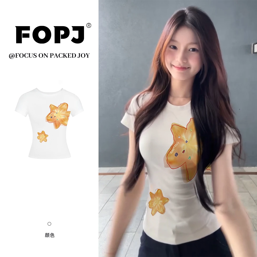 FOPJ夏季新款白色正肩短袖t恤女少女风甜美穿搭修身显瘦圆领上衣