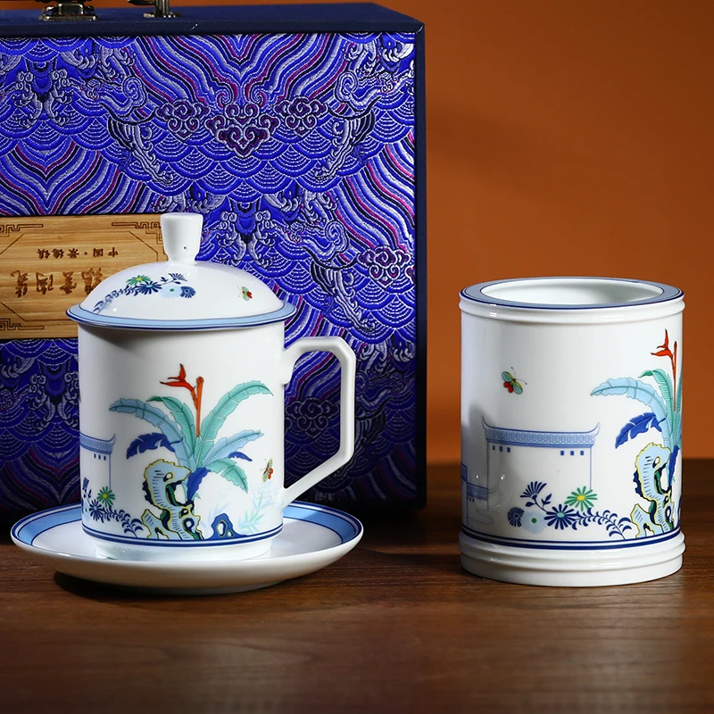 景德镇陶瓷茶杯办公套装笔筒手工瓷器