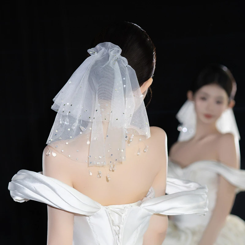 非金属布艺婚庆饰品 法式新娘发饰高级感短款小吊坠婚纱头饰D0565