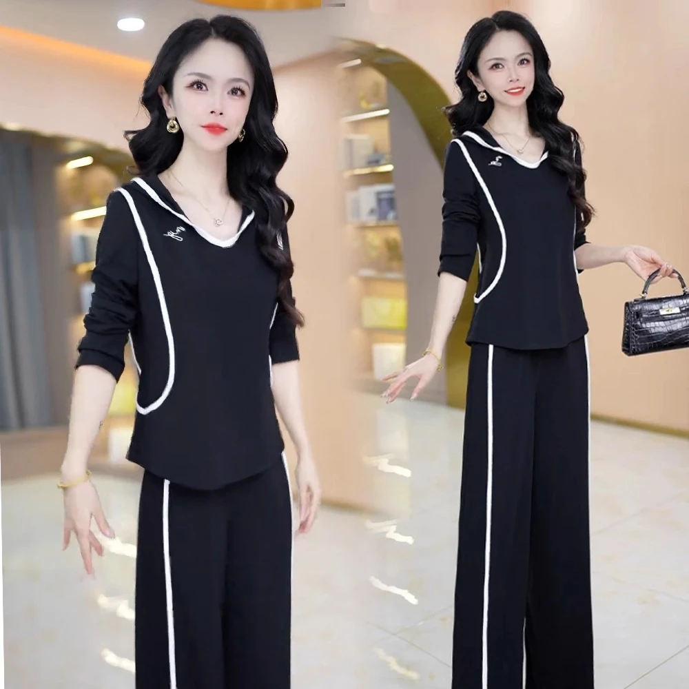 休闲运动套装女2025秋季新款洋气质显瘦长袖连帽卫衣阔腿裤两件套