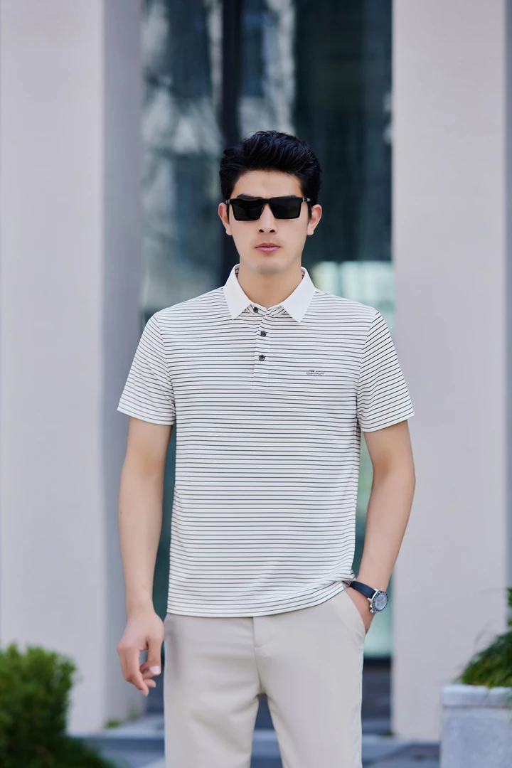 男夏季常规款亮面色块条纹Polo衫男装上衣时尚商务