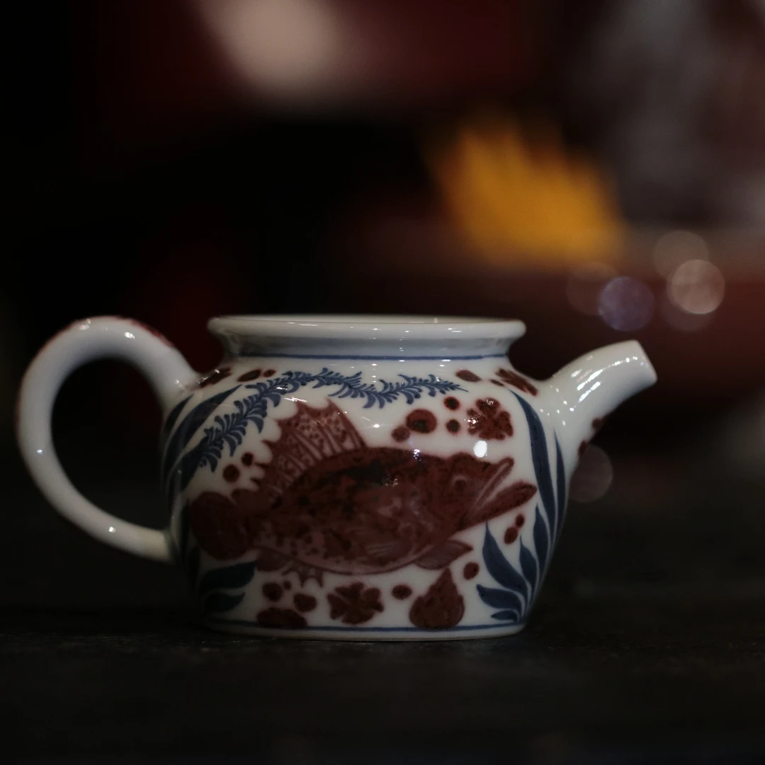 【畅怀堂】青花釉里红鱼藻公道壶