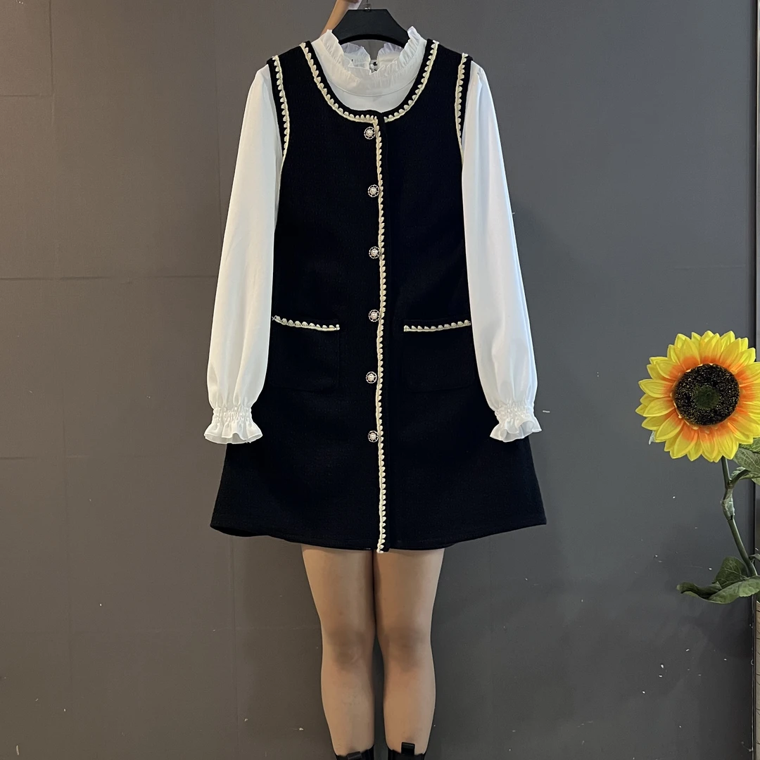 秋季新款甜美减龄木耳边显瘦打底衫➕小香风背心裙时尚套装