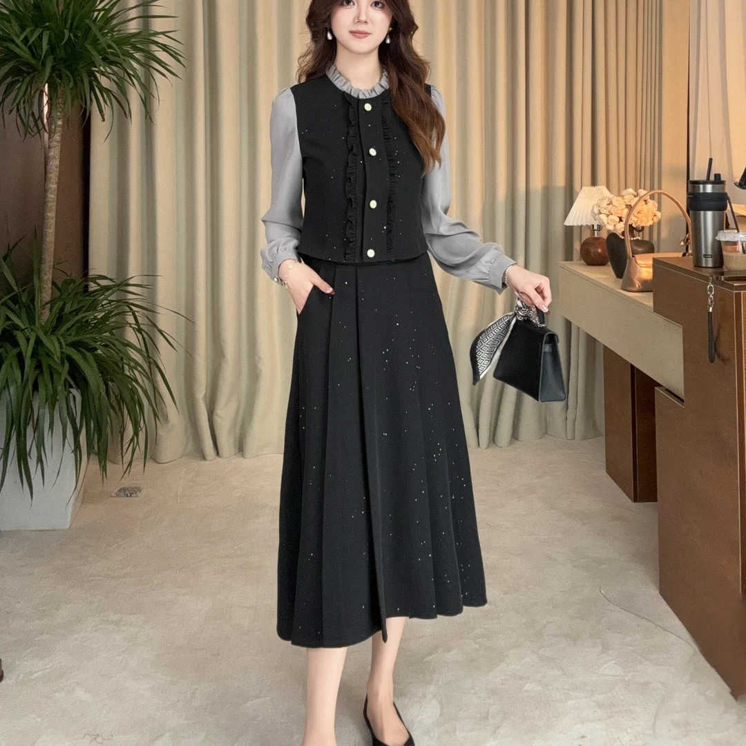 【上衣+裙子】2025秋季新款显瘦气质长袖时尚收腰套装