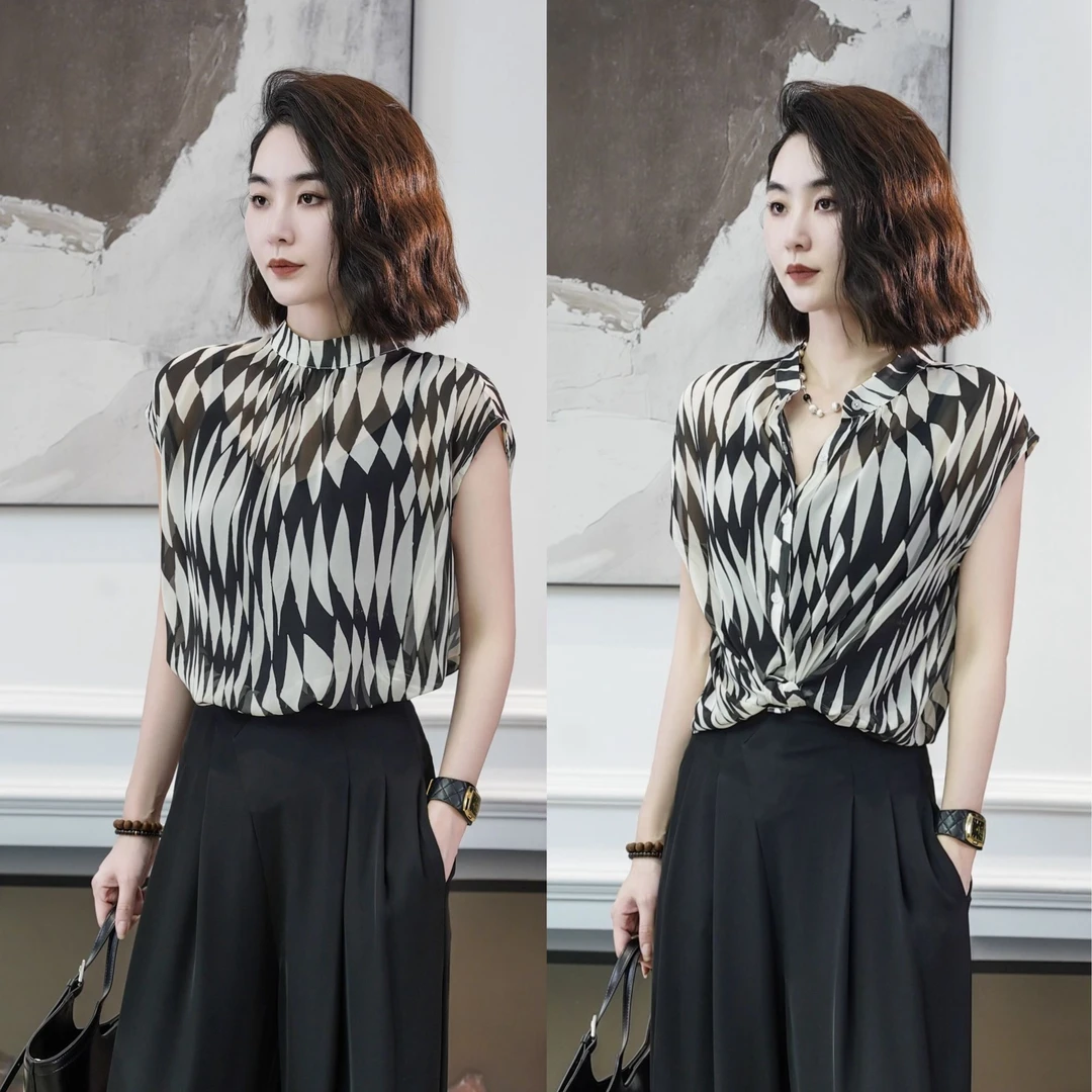 【前后两穿】MORELAN2025小众原创印花薄纱气质飘带无袖上衣525163