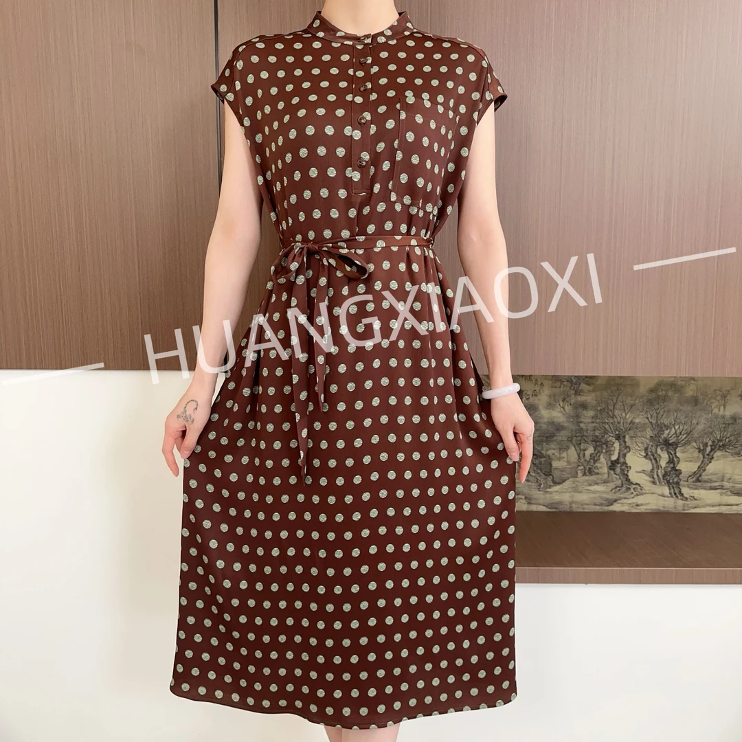 HUANGXIAOXI 咖底蓝波点压褶质感复古连衣裙 C-7