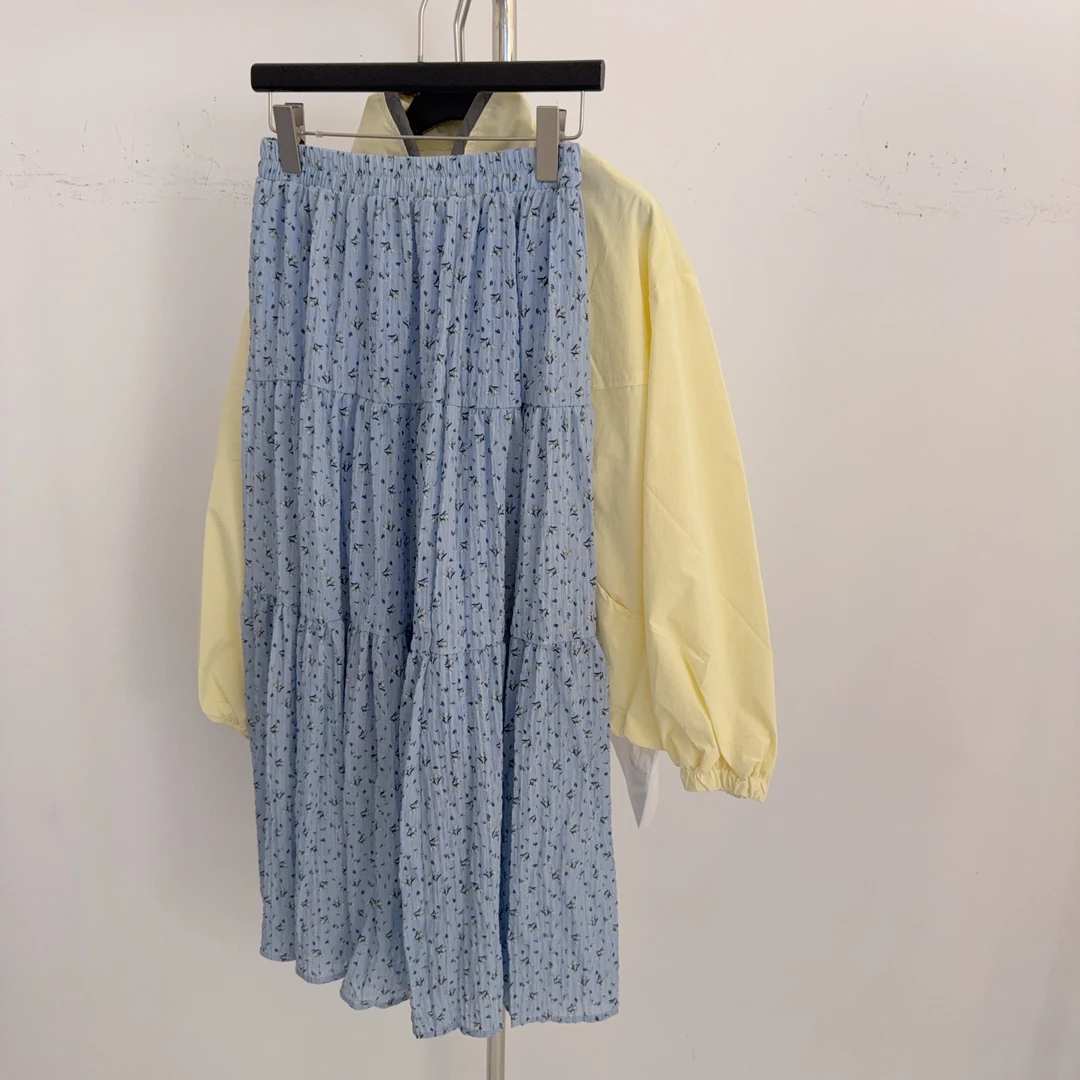 【华丽珊珊女装】古着风穿搭速干肌理面抓皱小碎花A字长裙