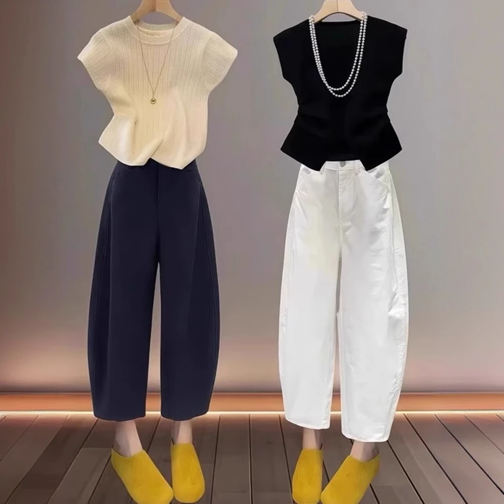 2025夏季薄款高腰哈伦裤大码女装梨形穿搭宽松百搭九分弯刀阔腿裤