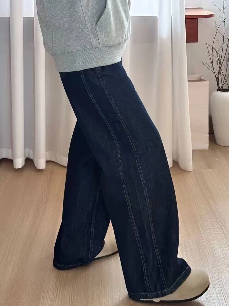 深蓝色A版牛仔裤女秋冬加绒梨形身材宽松大码胖mm显瘦大码阔腿裤