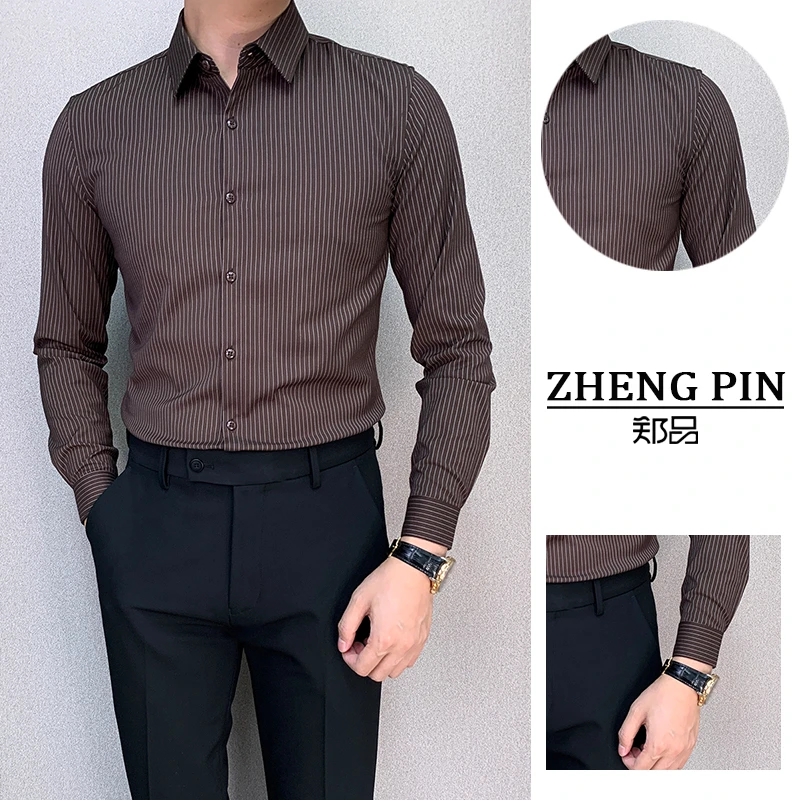 ZP8880#修身免烫2025轻奢气质休闲男士衬衫英伦咖细条纹长袖衬衣