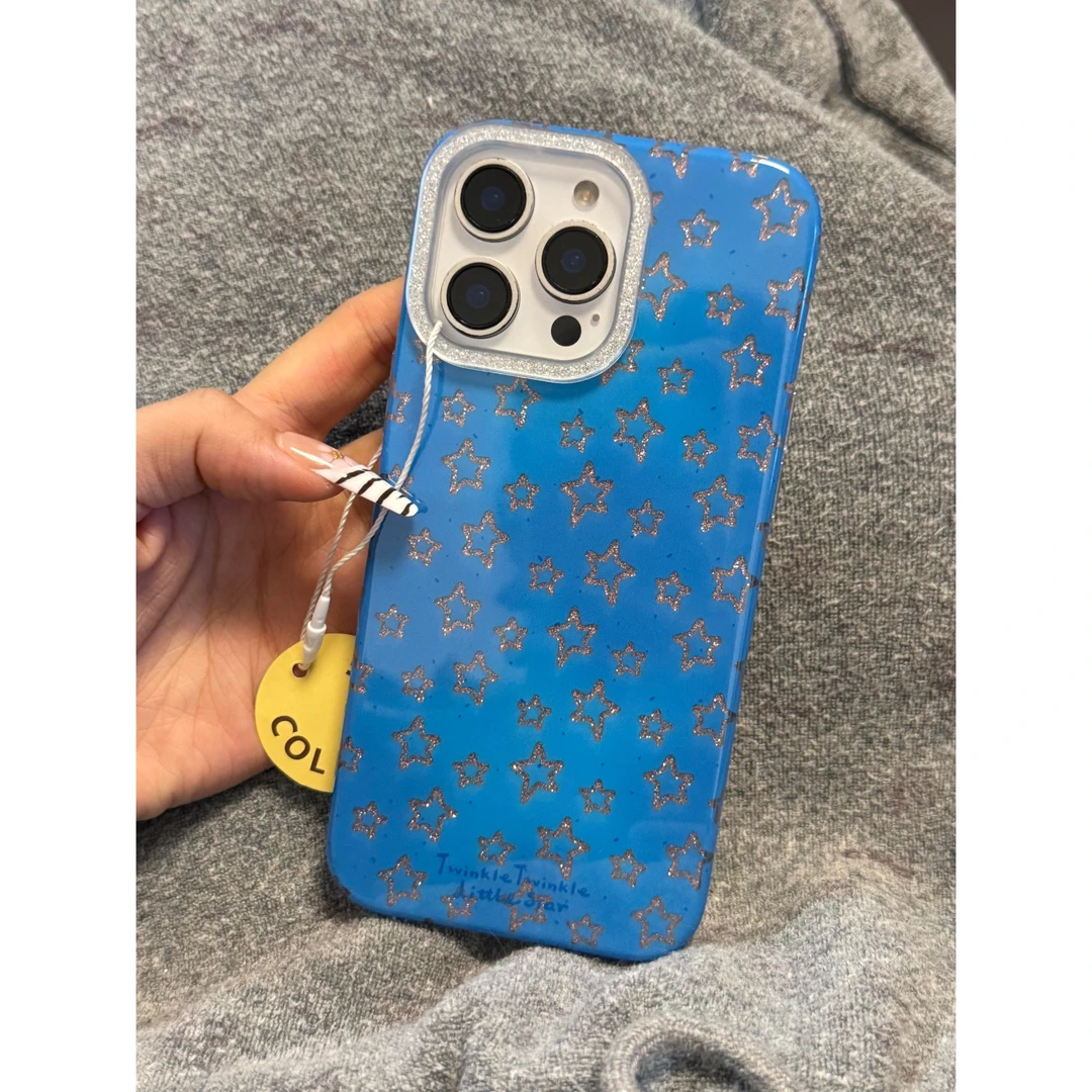 蓝色闪粉星星手机壳适用15苹果17promax双层16pro【相机键全包】14