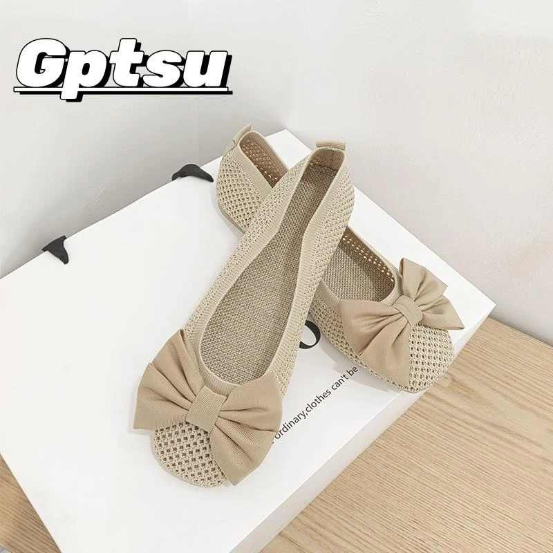 GPTSu仙女风吸汗透气网面平底方头单鞋浅口平跟软底飞织奶奶鞋女
