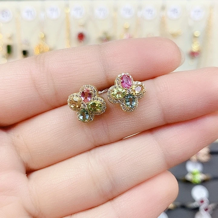 碧玺耳饰银S925镶嵌