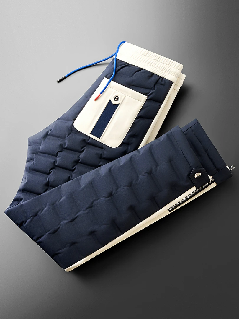冬季加厚保暖白鸭绒时尚撞色拼接男装外穿防水青年直筒休闲羽绒裤