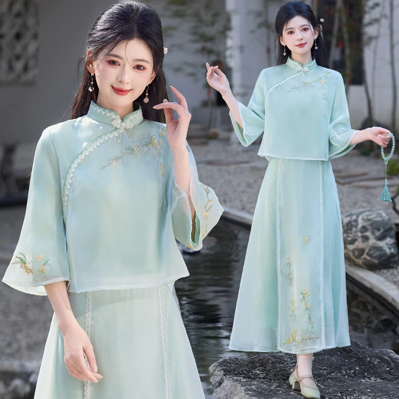 新中式国风复古重工立领盘扣斜襟蕾丝刺绣改良半身裙套装古风少女