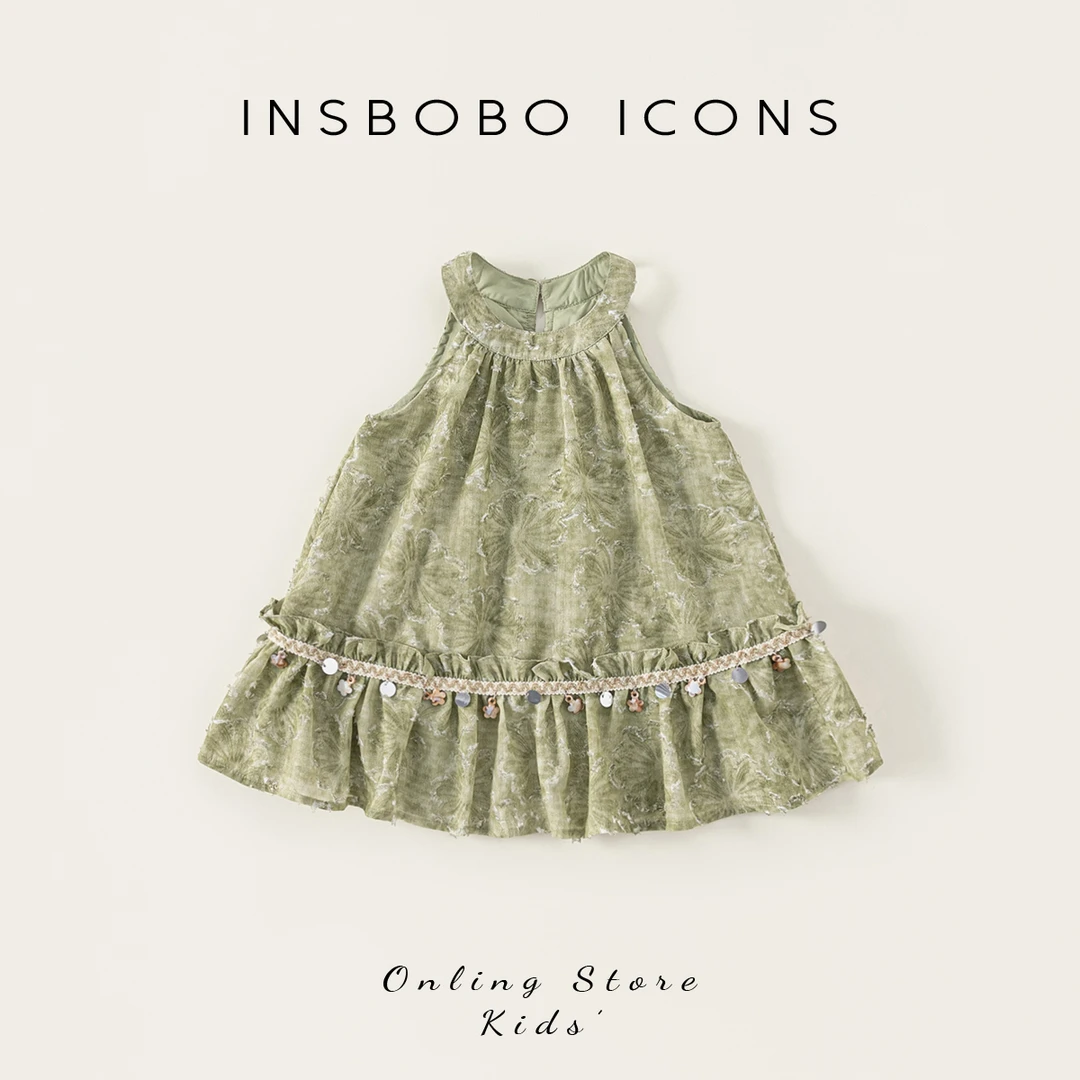 XQ25516【夏】儿童裙子（百搭圆领无袖荷叶边下摆织带装饰连衣裙）