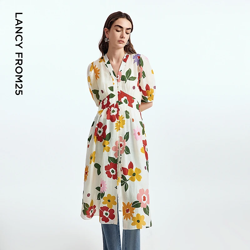 【漾25系列】朗姿白色印花长裙气质高级感2025年夏季新气质欧若风