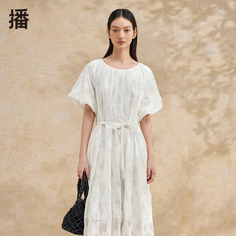 【许半夏专属】播24夏宽松气质质感压褶圆领连衣裙DDR2LD59246