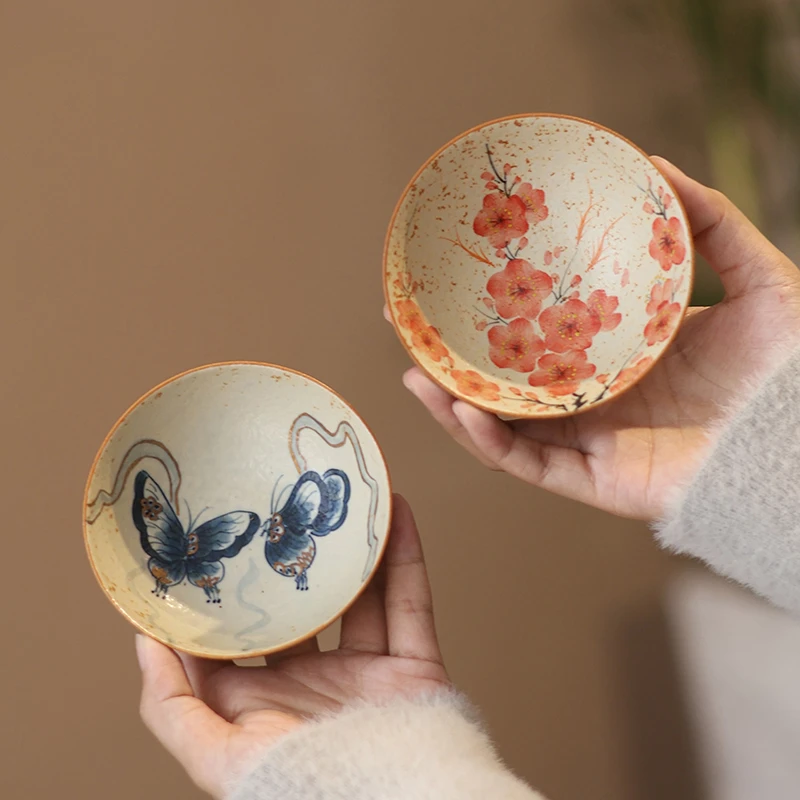 德白青花火石红陶瓷茶杯创意纯手绘尘茗普洱杯二杯女士家用主人杯