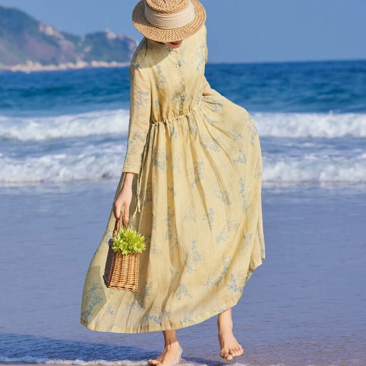 乱在江南苎麻印花优雅连衣裙七分袖夏季新款高腰抽绳系带显瘦中长