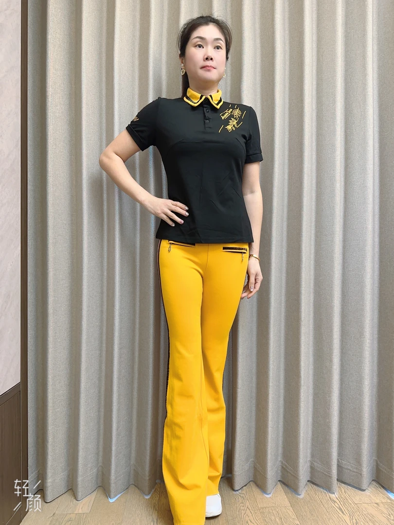 佳木斯健身操黑色短袖姜黄裤子显瘦显瘦气质时尚夏季运动