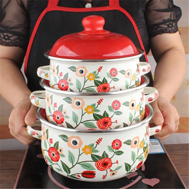 【田园红花红盖三件套】搪瓷锅搪瓷碗可明火电磁炉加厚易清洗珐琅