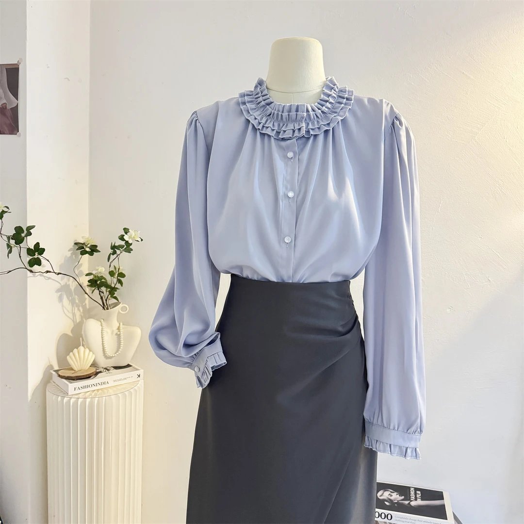 法式木耳花边领缎面长袖衬衫女2025秋新款设计感减龄气质小衫上衣