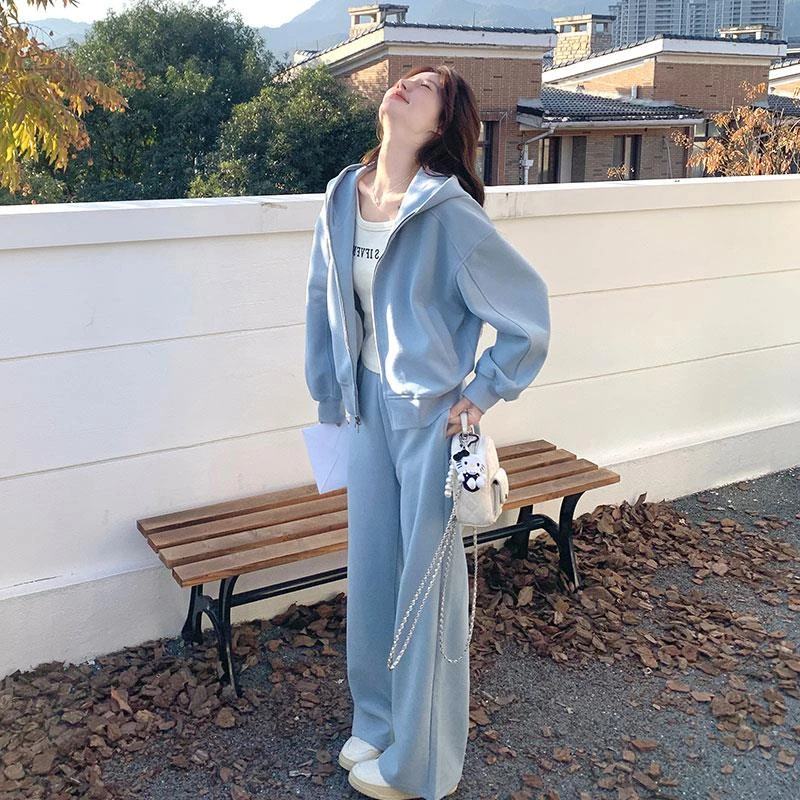 蓝色连帽卫衣阔腿裤两件套女早秋减龄穿搭韩系慵懒风休闲运动套装
