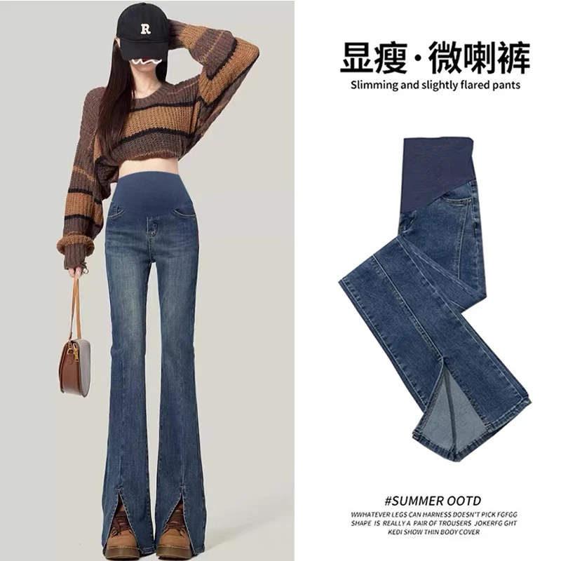 孕妇裤子春秋款外穿春夏薄款2025新款开叉微喇叭牛仔裤长裤夏装
