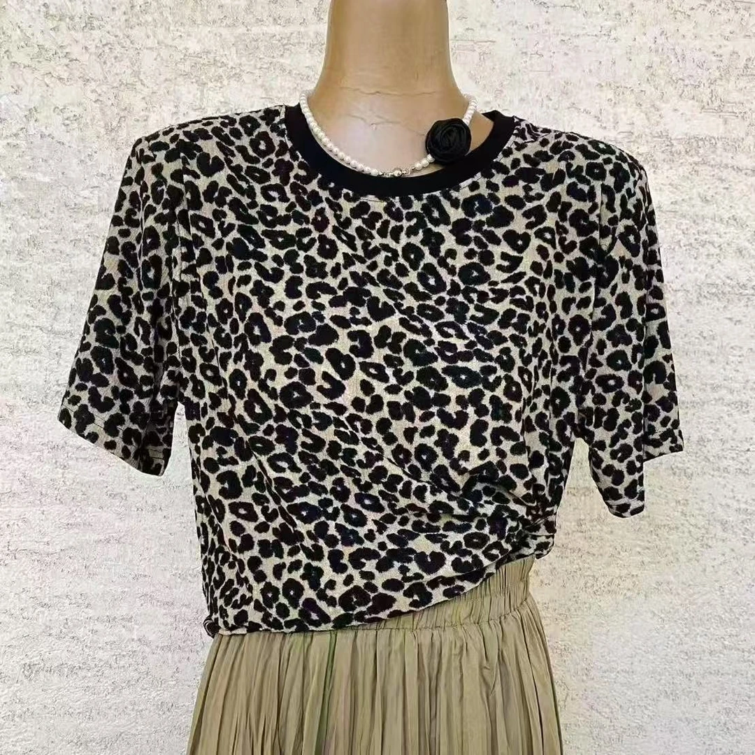 412/2506-1/118复古洋气豹纹提花套头显瘦百搭短袖T恤女