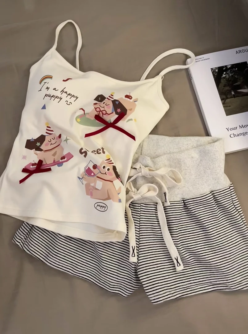 蝴蝶结小狗甜美纯欲带胸垫吊带睡衣女夏季新款套装可外穿家居服