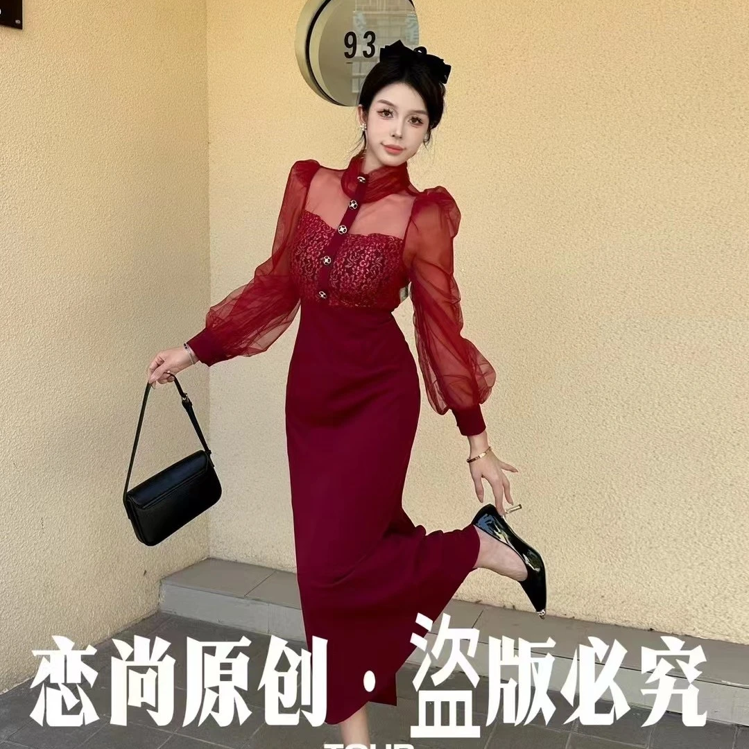 新款法式高级感立领网纱长袖拼接气质名媛连衣裙