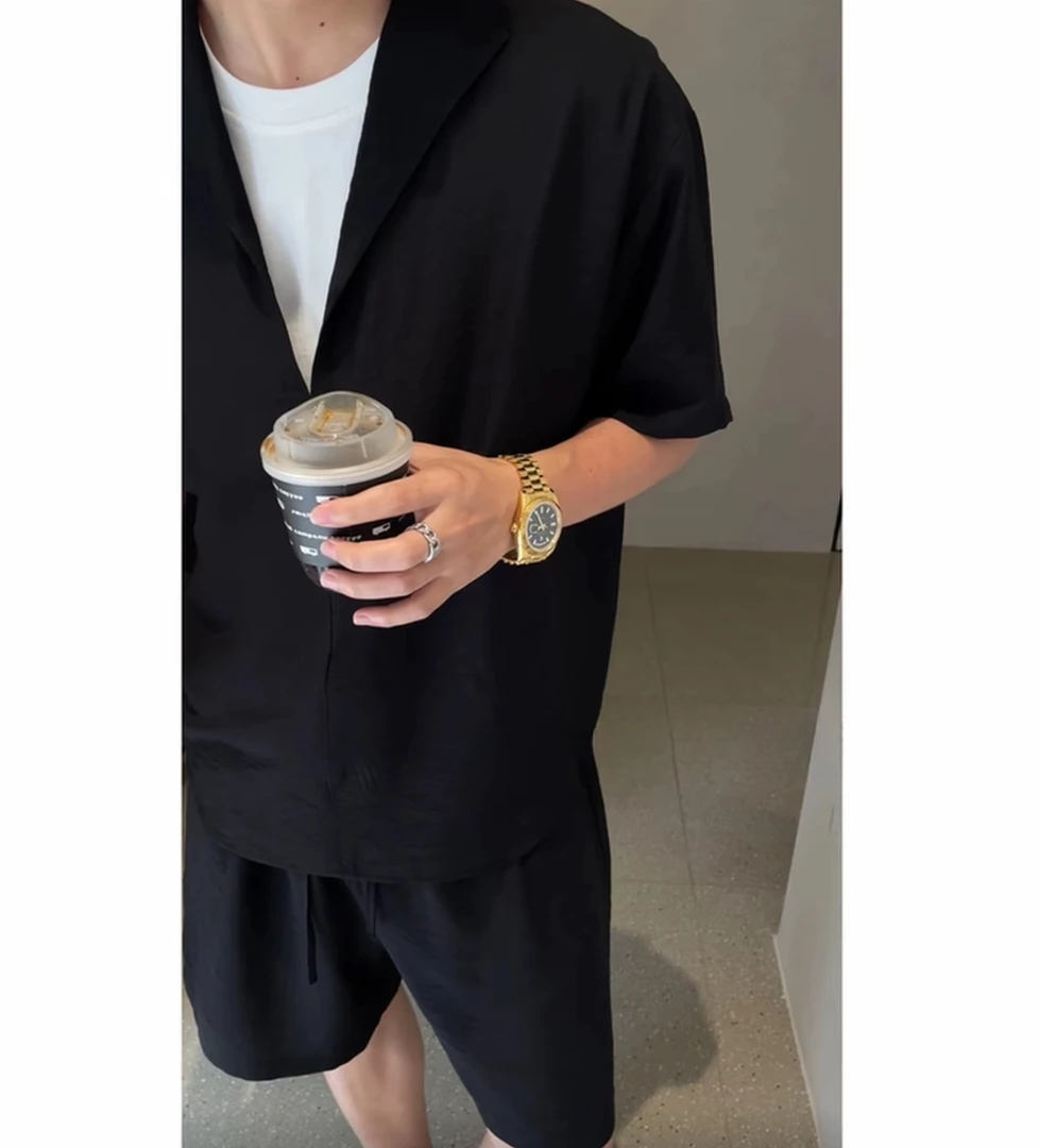 夏季假两件老钱风亚麻套装男2025高级感衬衫短裤夏装上衣+短裤