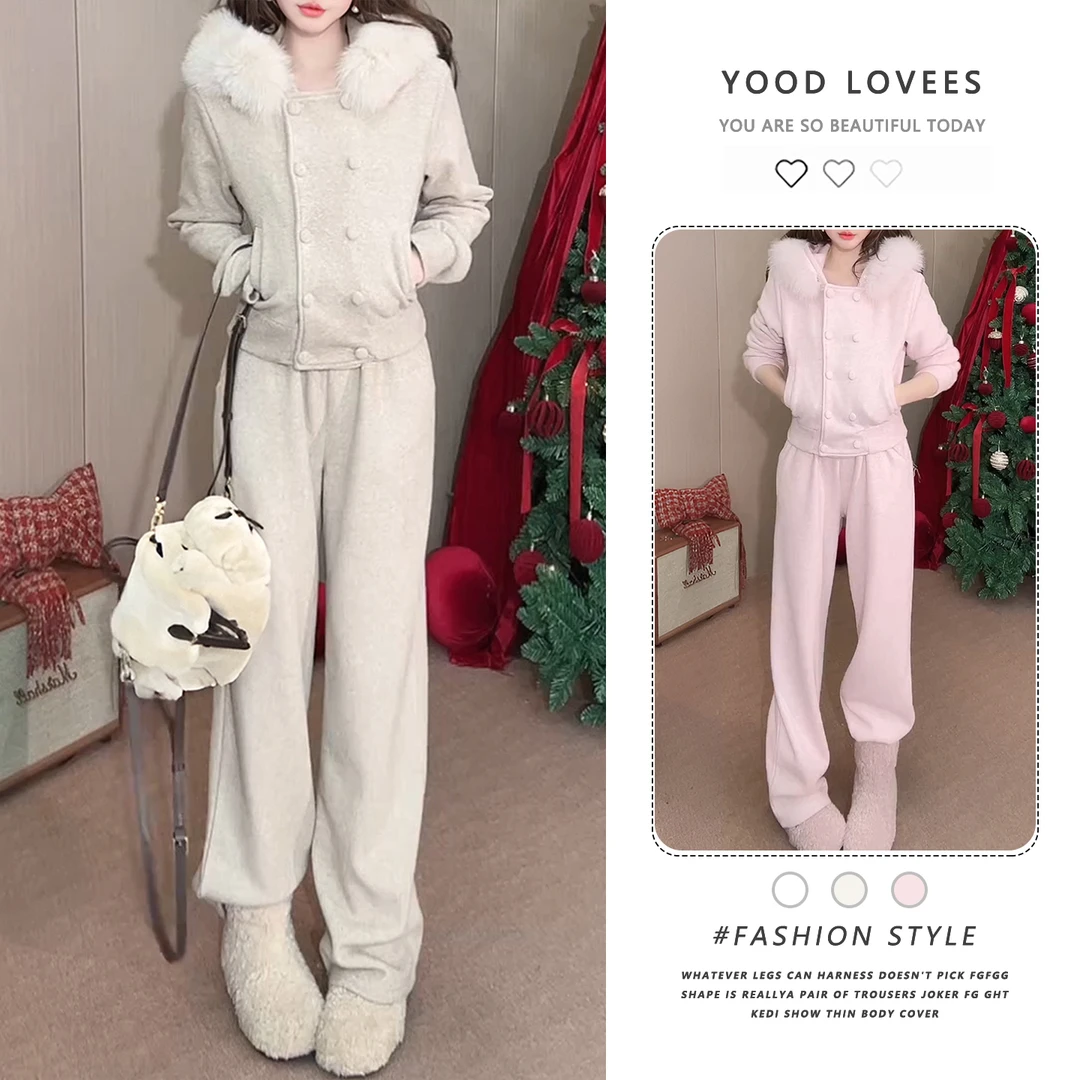 简约时尚风毛领帽外套阔腿裤套装女2025秋冬新款高级感白色两件套