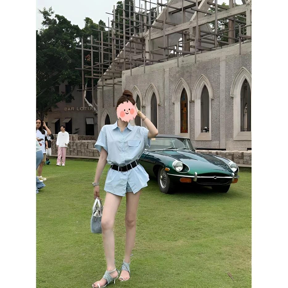 2025夏季新款百搭舒适短袖衬衫休闲复古收腰显瘦上衣高腰短裤套装