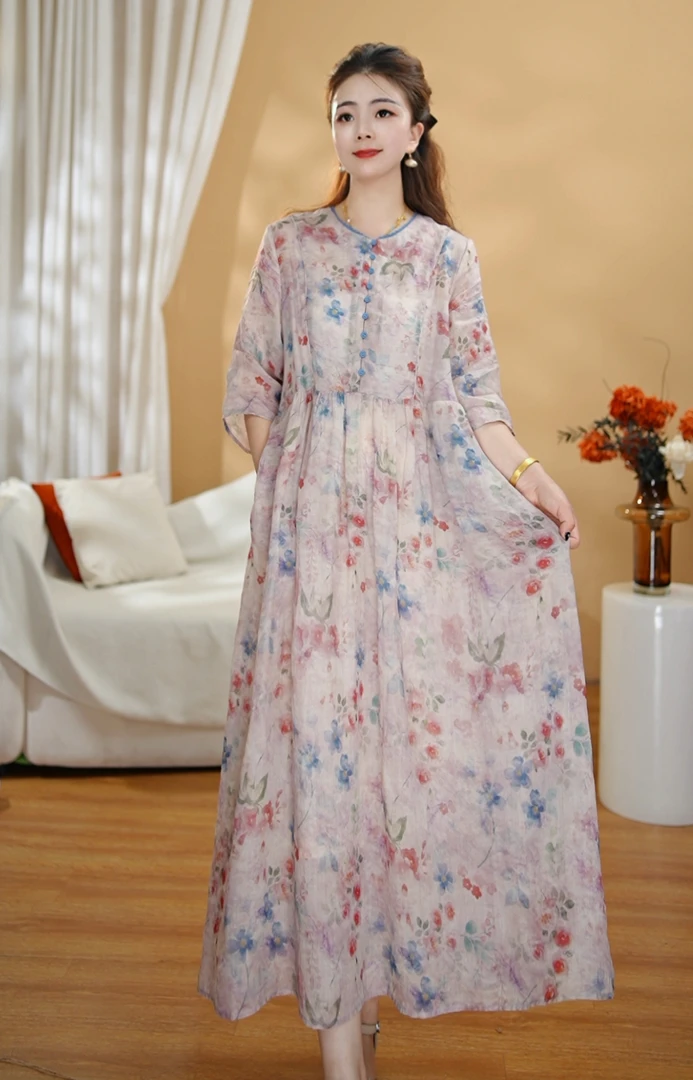 【素雅】夏季新品长款苎麻宽松收腰显瘦系带大裙摆连衣裙长裙3091