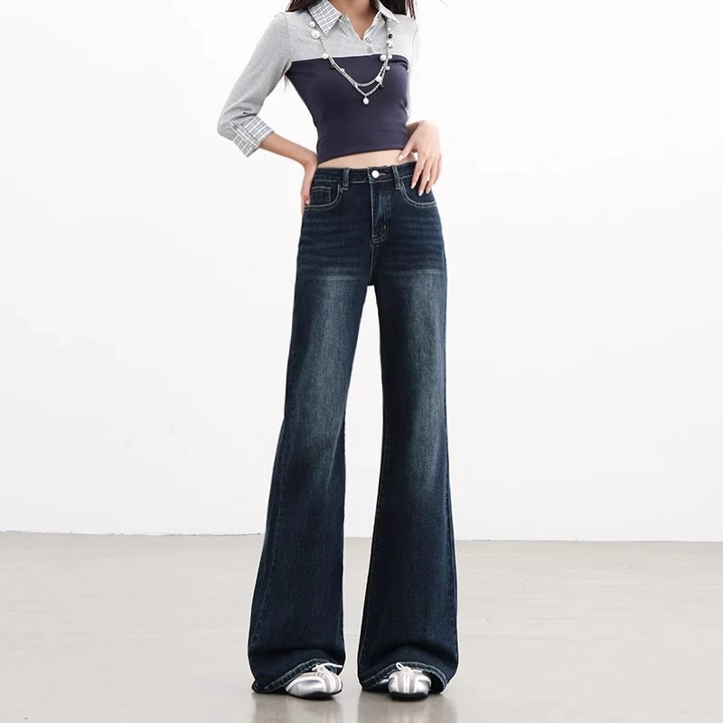 雪千羽蓝灰微喇加绒牛仔裤女2025秋新款辣妹修身不贴腿拖地喇叭裤