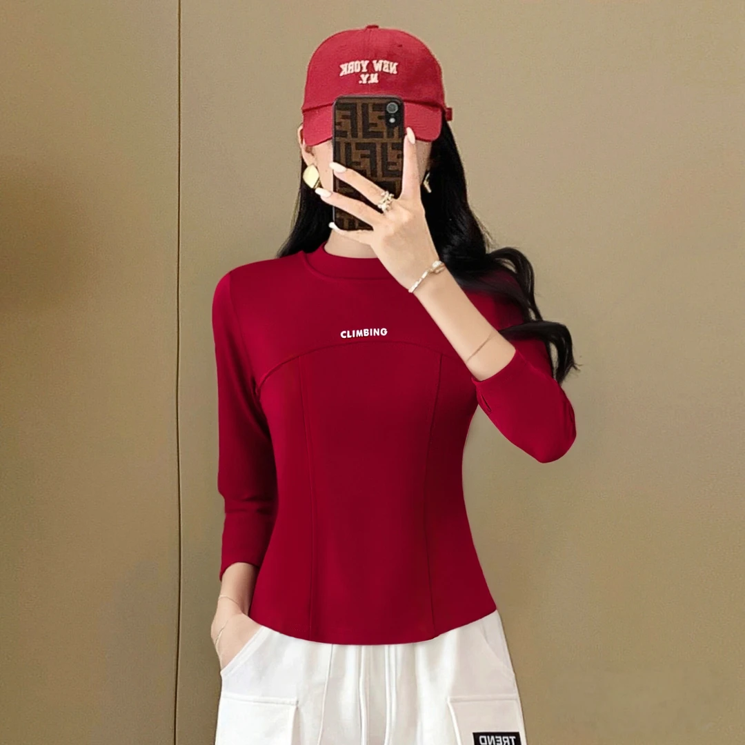 XVRV秋冬2025新品磨毛加绒长袖保暖显瘦内搭圆领T恤打底衫