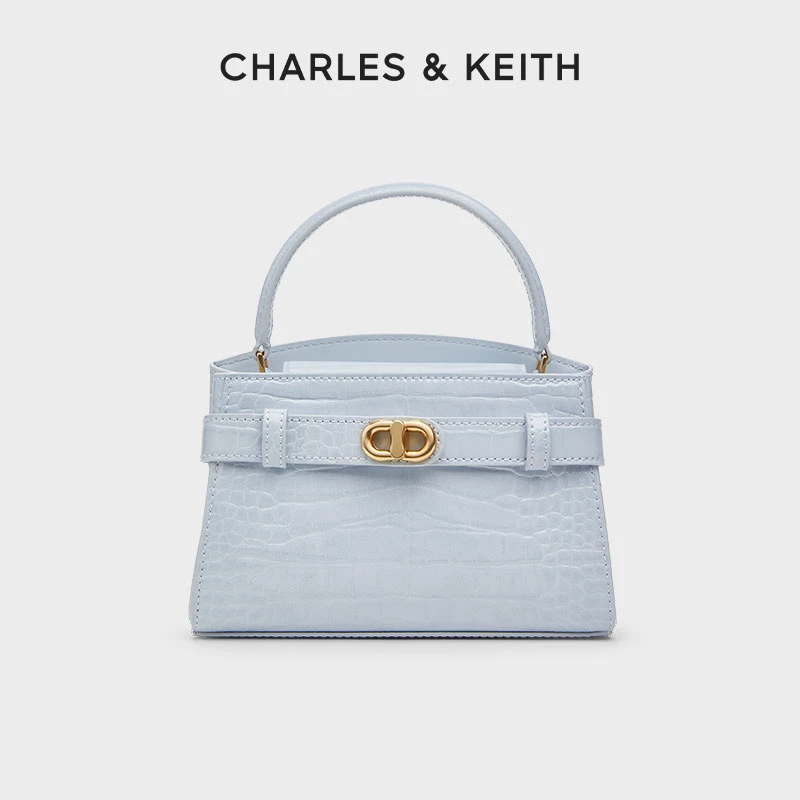 CHARLES & KEITH鳄鱼纹金属锁扣饰凯莉包手提斜挎包女50270880-1