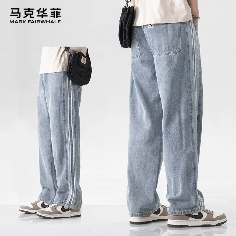 马克华菲侧条纹牛仔裤男款2025夏季新款美式休闲百搭宽松直筒长裤