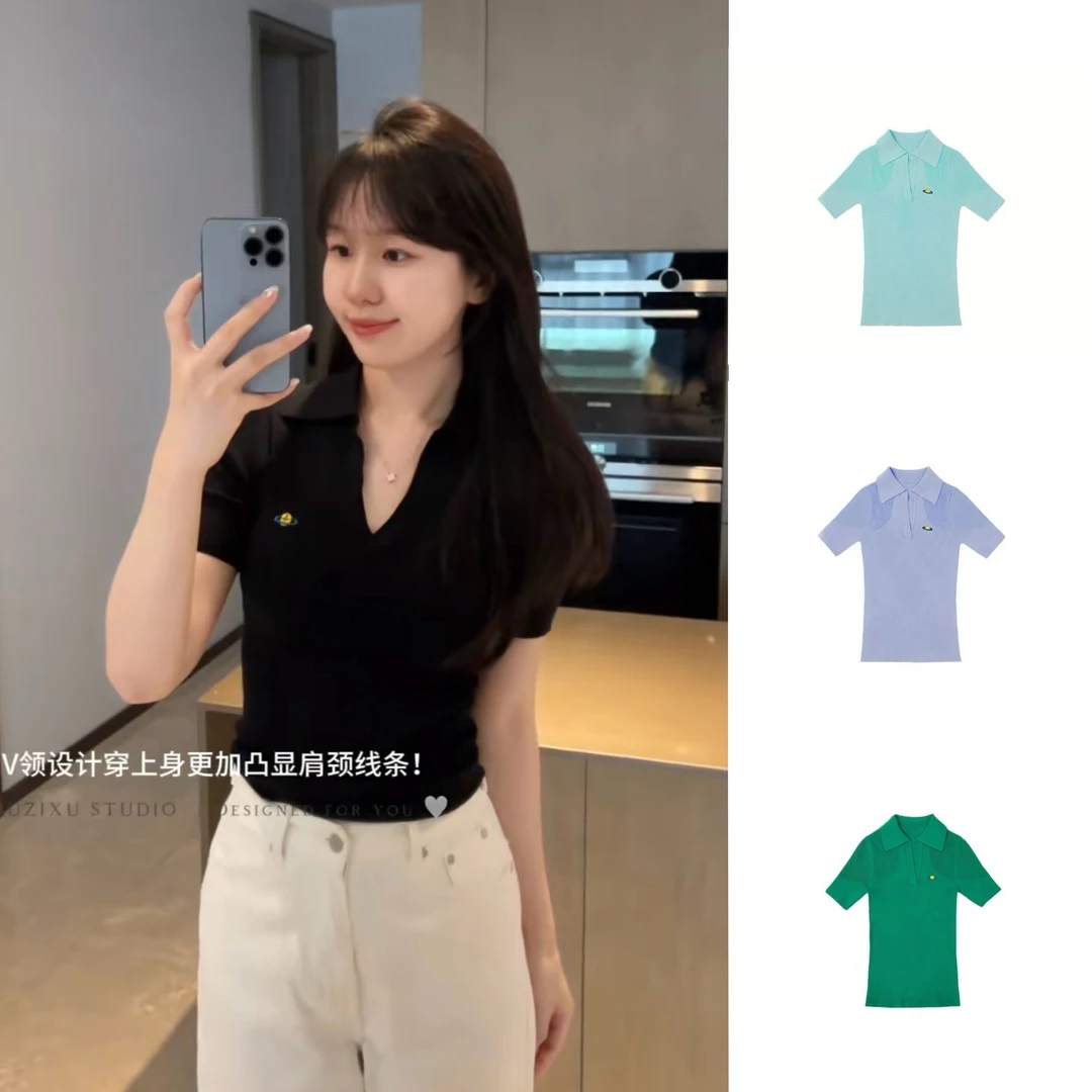 星星刺绣 修身V领棉线针织衫 翻领套头短袖上衣 Tt zxu丨T240618A