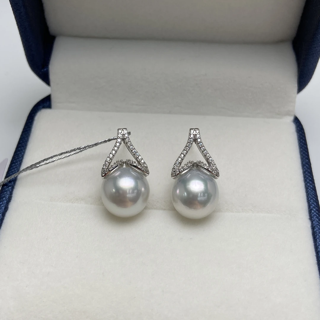 海水珍珠澳白S925银鱼尾耳钉9-10mm强光时尚气质送礼