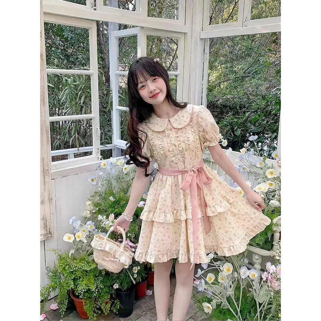 女装涤纶女学生小个子辣妹森系夏夏季连衣裙可爱娃娃甜美万能碎花