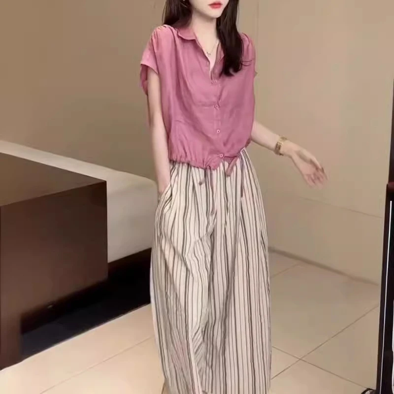 新款时尚百搭氛围感翻领衬衫休闲宽松阔腿裤女装