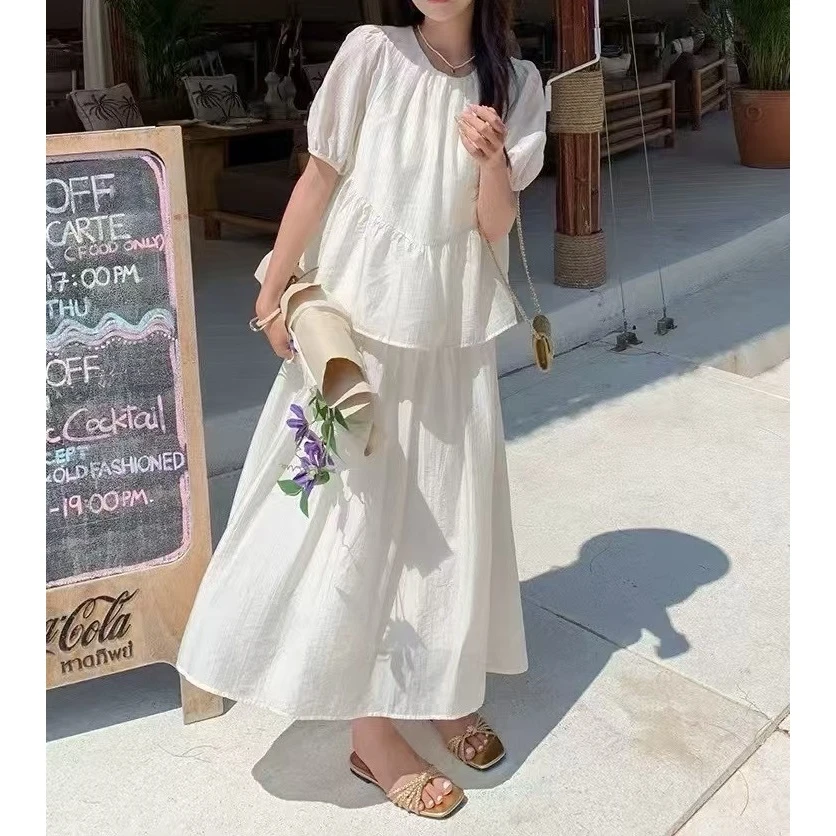 （芋圆）夏季设计感假两件拼接短袖宽松连衣裙孕妇裙8323