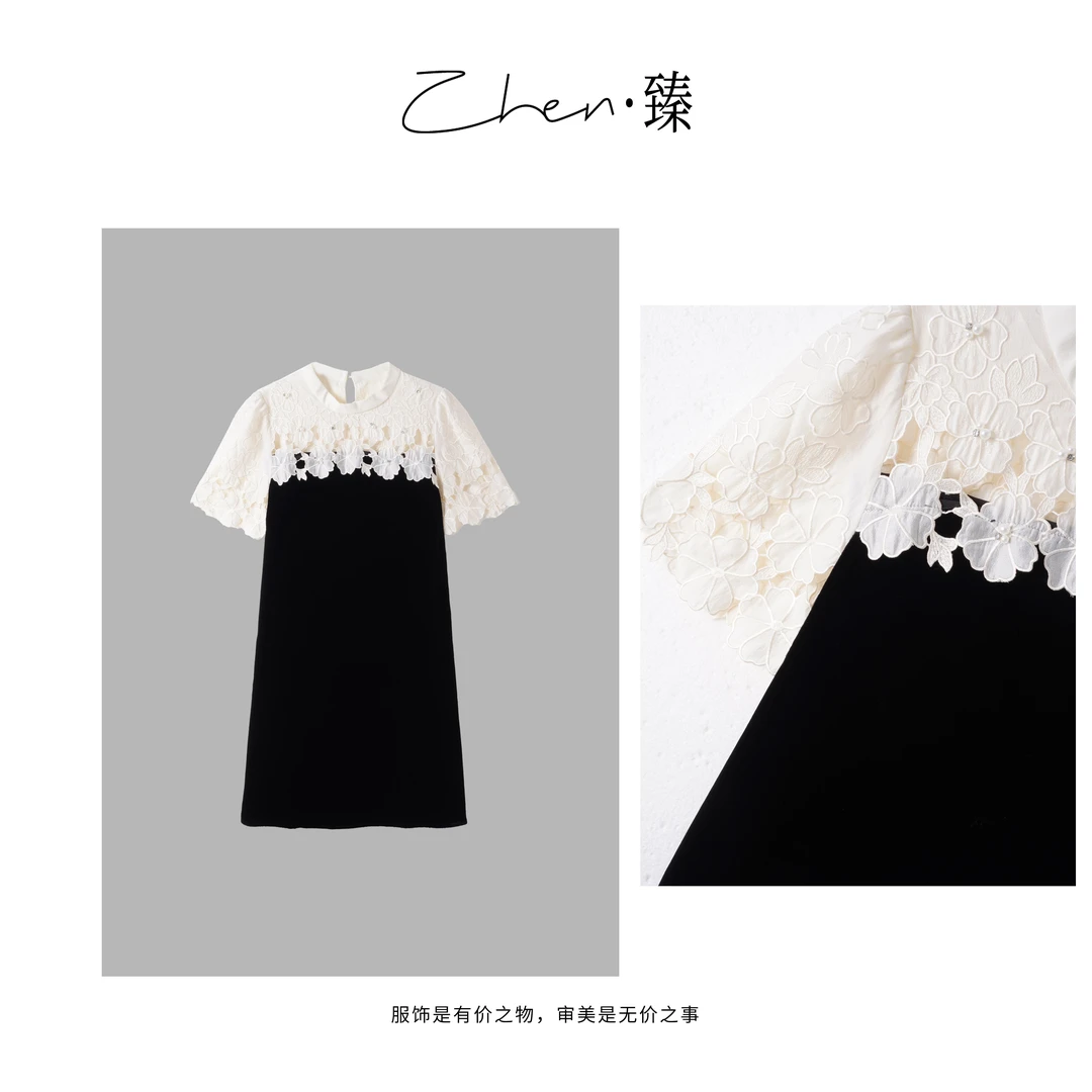 ZHEN.臻 设计师重工镂空雕花真丝丝绒黑色礼服连衣裙LYQ8210Z